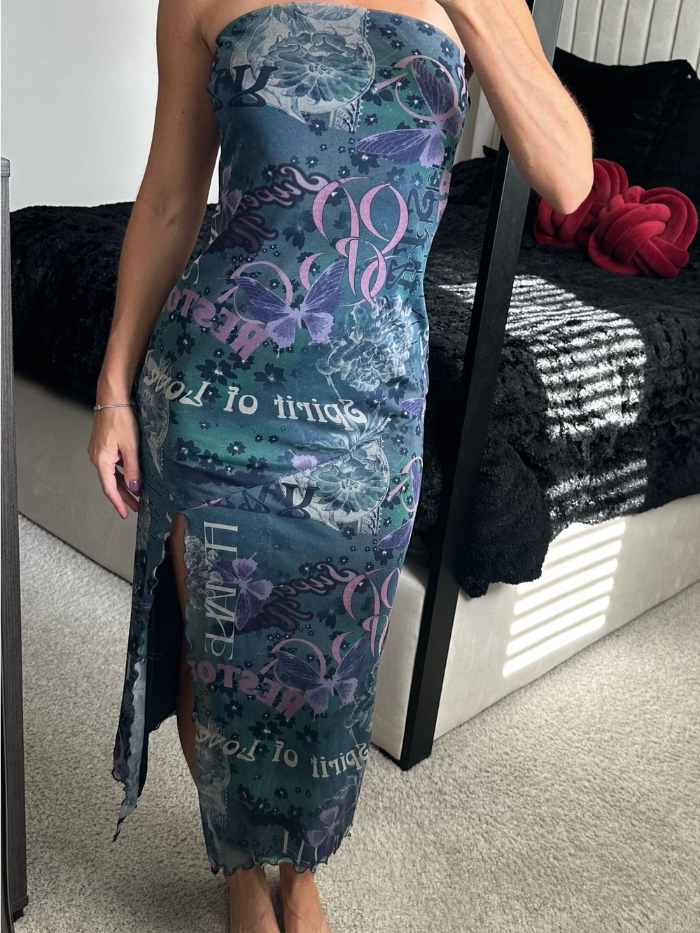 Urban Outfitters Strapless Green and Purple Floral Butterfly Midi Dress